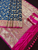 Blue & Hot Pink Banarasi saree in banarasi satin silk with gold zari jaal with hot pink meenakari pallu — Kaash Collection