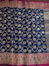 Blue and Hot Pink Color Traditional Banarasi Satin Silk Saree with Gold Zari Jaal Weave - Kaash