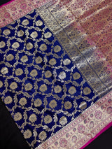 Blue & Hot Pink Banarasi saree in banarasi satin silk with gold zari jaal with hot pink meenakari pallu — Kaash Collection
