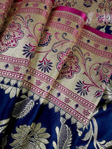 Blue & Hot Pink Banarasi saree in banarasi satin silk with gold zari jaal with hot pink meenakari pallu — Kaash Collection