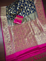 Blue and Hot Pink Color Traditional Banarasi Satin Silk Saree with Gold Zari Jaal Weave - Kaash