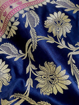 Blue & Hot Pink Banarasi saree in banarasi satin silk with gold zari jaal with hot pink meenakari pallu — Kaash Collection