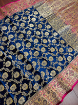 Blue and Hot Pink Color Traditional Banarasi Satin Silk Saree with Gold Zari Jaal Weave - Kaash