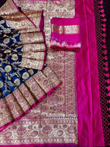 Blue & Hot Pink Banarasi saree in banarasi satin silk with gold zari jaal with hot pink meenakari pallu — Kaash Collection