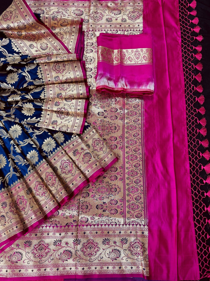 Blue & Hot Pink Banarasi saree in banarasi satin silk with gold zari jaal with hot pink meenakari pallu — Kaash Collection