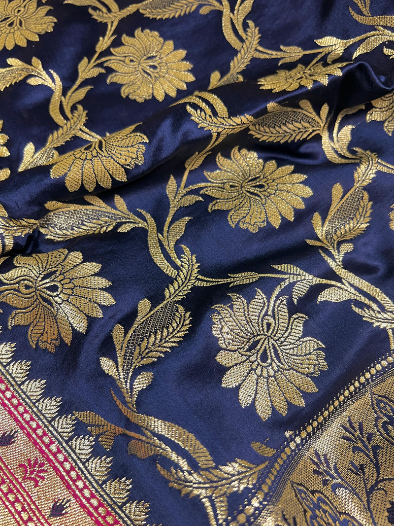 Blue and Hot Pink Color Traditional Banarasi Satin Silk Saree with Gold Zari Jaal Weave - Kaash