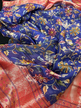 Blue & Red Banarasi saree in pure chiniya silk with digital prints with meenakari & wide borders — Kaash Collection