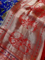 Blue & Red Banarasi saree in pure chiniya silk with digital prints with meenakari & wide borders — Kaash Collection