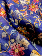 Blue & Red Banarasi saree in pure chiniya silk with digital prints with meenakari & wide borders — Kaash Collection