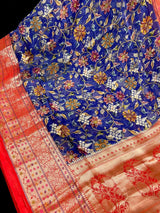 Blue & Red Banarasi saree in pure chiniya silk with digital prints with meenakari & wide borders — Kaash Collection