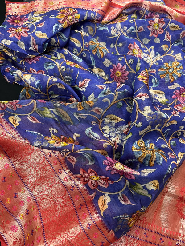 Blue and Red Pure Chiniya Silk Saree with Floral Digital Prints | Statement Sarees | Banarasi Chiniya Silk Saree - Kaash