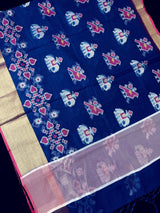Blue Banarasi Cotton Silk saree in banarasi cotton silk with bird motifs with meenakari & resham zari — Kaash Collection
