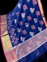 Blue Banarasi Cotton Silk saree in banarasi cotton silk with bird motifs with meenakari & resham zari — Kaash Collection
