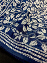 Blue with Dense White Kantha hand Kantha stitch saree on Bangalori silk — Kaash Collection
