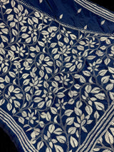 Blue with Dense White Kantha hand Kantha stitch saree on Bangalori silk — Kaash Collection
