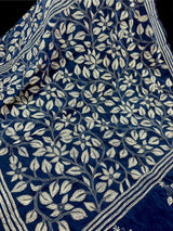 Blue with Dense White Kantha hand Kantha stitch saree on Bangalori silk — Kaash Collection