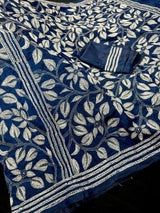 Blue with Dense White Kantha hand Kantha stitch saree on Bangalori silk — Kaash Collection