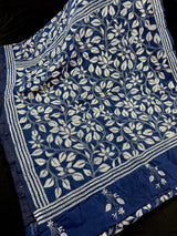 Blue with Dense White Kantha hand Kantha stitch saree on Bangalori silk — Kaash Collection