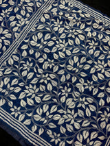 Blue with Dense White Kantha hand Kantha stitch saree on Bangalori silk — Kaash Collection
