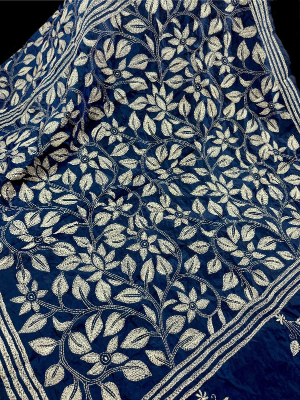 Blue Color Bangalori Silk Saree with Dense Hand Kantha Stitch Work in Floral Pattern in White | Handwoven Kantha Stitch Saree | Kantha Saree - Kaash