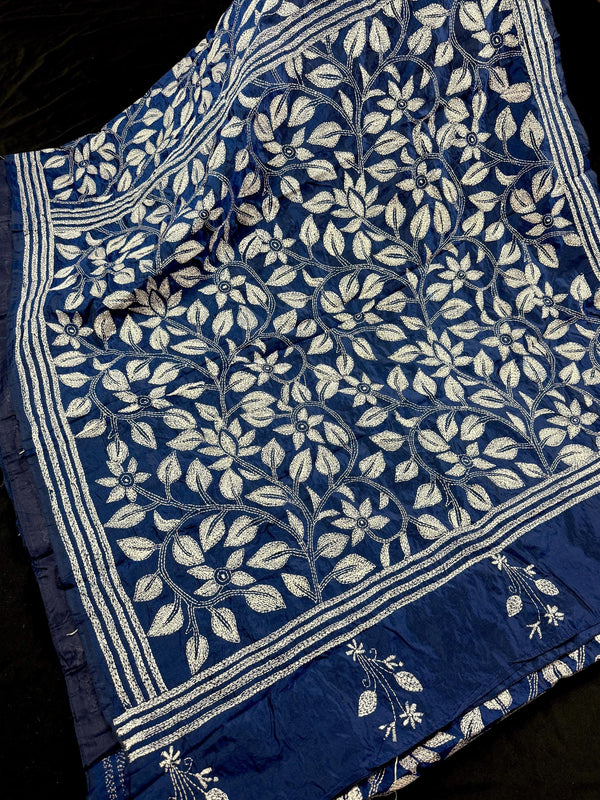 Blue Color Bangalori Silk Saree with Dense Hand Kantha Stitch Work in Floral Pattern in White | Handwoven Kantha Stitch Saree | Kantha Saree - Kaash