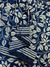 Blue Color Bangalori Silk Saree with Dense Hand Kantha Stitch Work in Floral Pattern in White | Handwoven Kantha Stitch Saree | Kantha Saree - Kaash