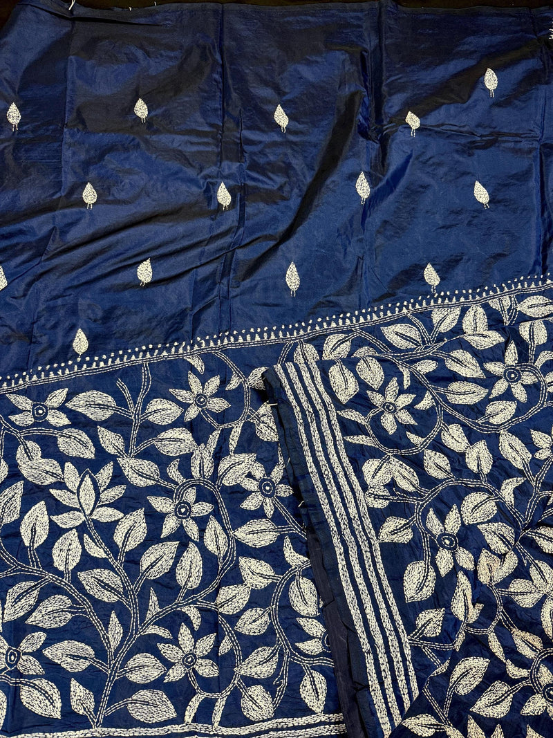 Blue Color Bangalori Silk Saree with Dense Hand Kantha Stitch Work in Floral Pattern in White | Handwoven Kantha Stitch Saree | Kantha Saree - Kaash