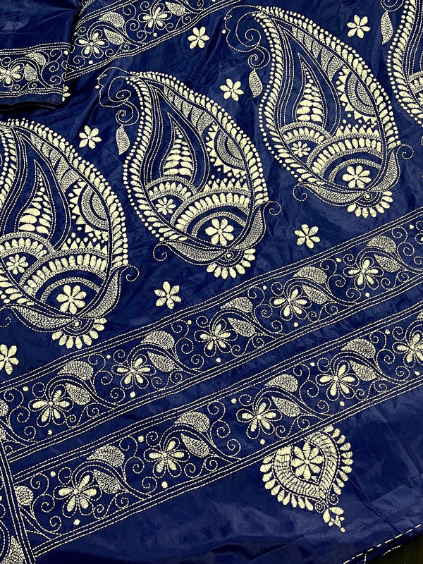 Blue Color Bangalori Silk Saree with Hand Kantha Stitch | Handwoven Kantha Stitch Sarees | Kantha Saress | Bengal Sarees | Silk Sarees - Kaash