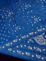 Blue with White Kantha hand Kantha stitch saree on Bangalori silk — Kaash Collection