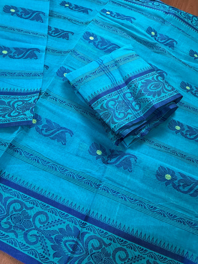 Blue Color Bengal Jamdani Tant Saree in Cotton | Bengal Sarees | Jamdani Tant Saree - Kaash