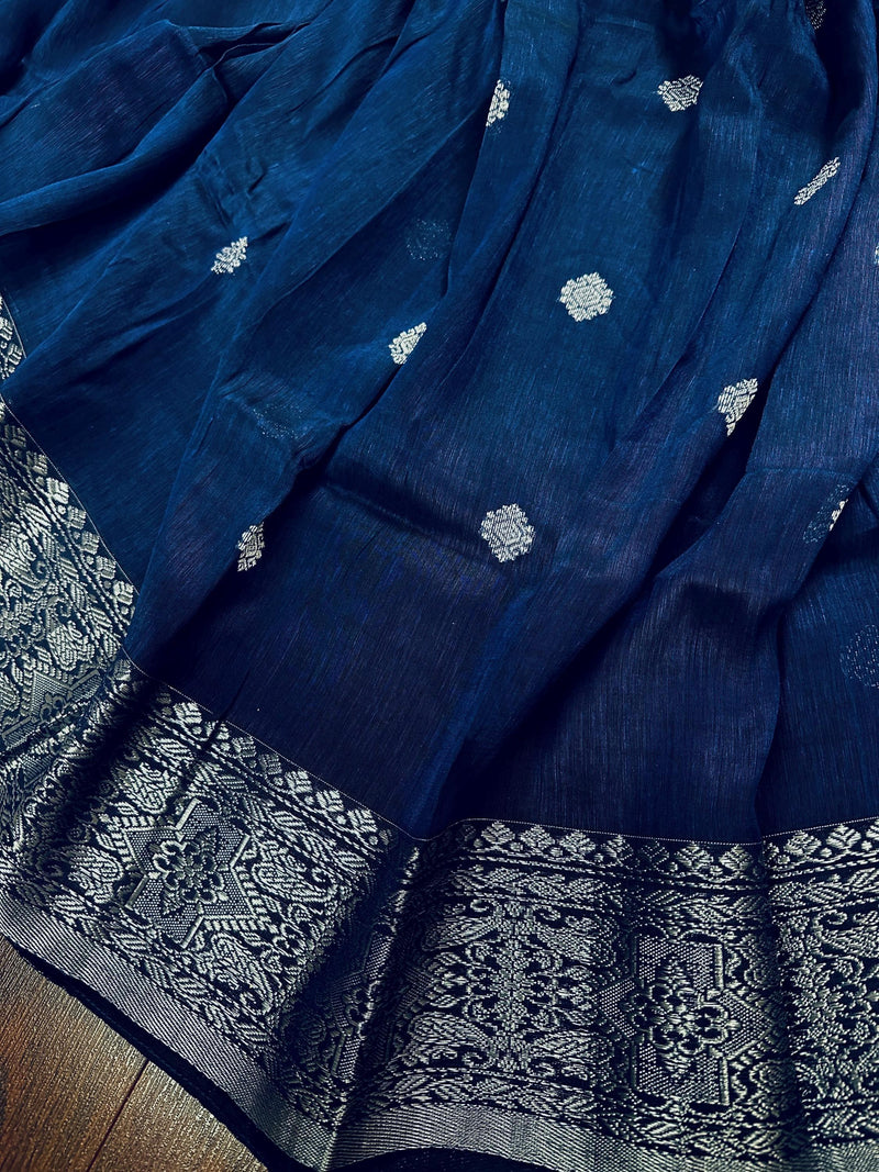 Blue Color Bengal Linen blend Cotton Silk Handwoven Saree with Sliver Zari Weave - Kaash