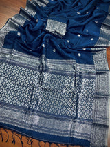 Blue Color Bengal Linen blend Cotton Silk Handwoven Saree with Sliver Zari Weave - Kaash