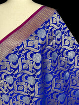 Blue Color Floral Jaal Banarasi Silk Dupatta | Gold and Sliver Zari Weave | Floral Dupatta | Benarasi Dupatta - Kaash