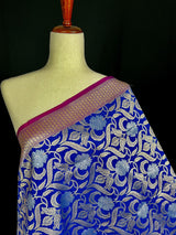 Blue Color Floral Jaal Banarasi Silk Dupatta | Gold and Sliver Zari Weave | Floral Dupatta | Benarasi Dupatta - Kaash