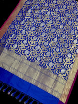 Blue Color Floral Jaal Banarasi Silk Dupatta | Gold and Sliver Zari Weave | Floral Dupatta | Benarasi Dupatta - Kaash
