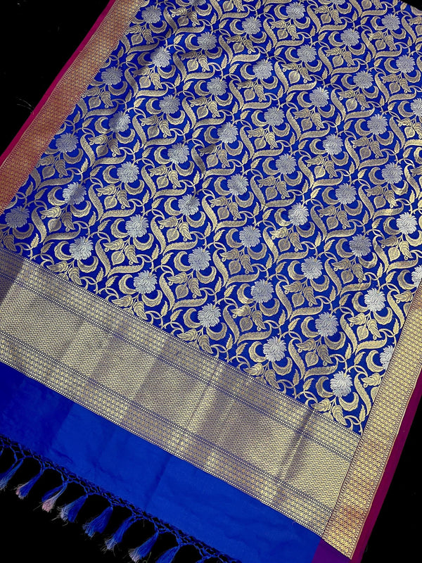 Blue Color Floral Jaal Banarasi Silk Dupatta | Gold and Sliver Zari Weave | Floral Dupatta | Benarasi Dupatta - Kaash