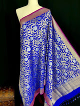 Blue Color Floral Jaal Banarasi Silk Dupatta | Gold and Sliver Zari Weave | Floral Dupatta | Benarasi Dupatta - Kaash