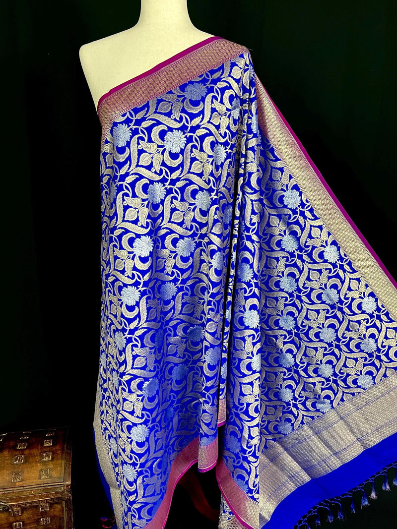 Blue Color Floral Jaal Banarasi Silk Dupatta | Gold and Sliver Zari Weave | Floral Dupatta | Benarasi Dupatta - Kaash