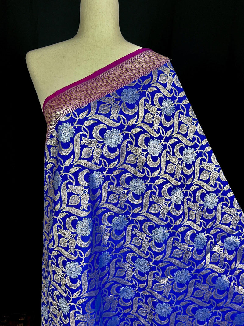 Blue Color Floral Jaal Banarasi Silk Dupatta | Gold and Sliver Zari Weave | Floral Dupatta | Benarasi Dupatta - Kaash