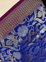 Blue Color Floral Jaal Banarasi Silk Dupatta | Gold and Sliver Zari Weave | Floral Dupatta | Benarasi Dupatta - Kaash