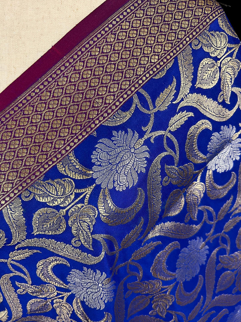 Blue Color Floral Jaal Banarasi Silk Dupatta | Gold and Sliver Zari Weave | Floral Dupatta | Benarasi Dupatta - Kaash