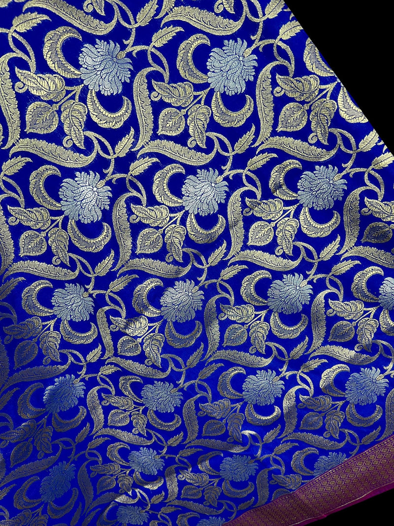 Blue Color Floral Jaal Banarasi Silk Dupatta | Gold and Sliver Zari Weave | Floral Dupatta | Benarasi Dupatta - Kaash