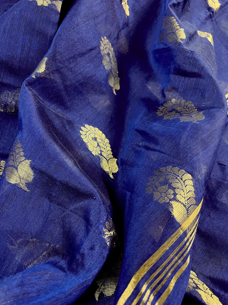 Blue Color Handloom Cotton Silk Saree with Gold Zari Flowers | Handloom Saree - Kaash