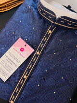Blue men's kurta pajama in silk (non-pure) with embossed design with zari buttis — Kaash Collection