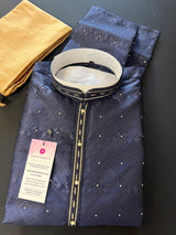 Blue men's kurta pajama in silk (non-pure) with embossed design with zari buttis — Kaash Collection
