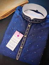 Blue men's kurta pajama in silk (non-pure) with embossed design with zari buttis — Kaash Collection