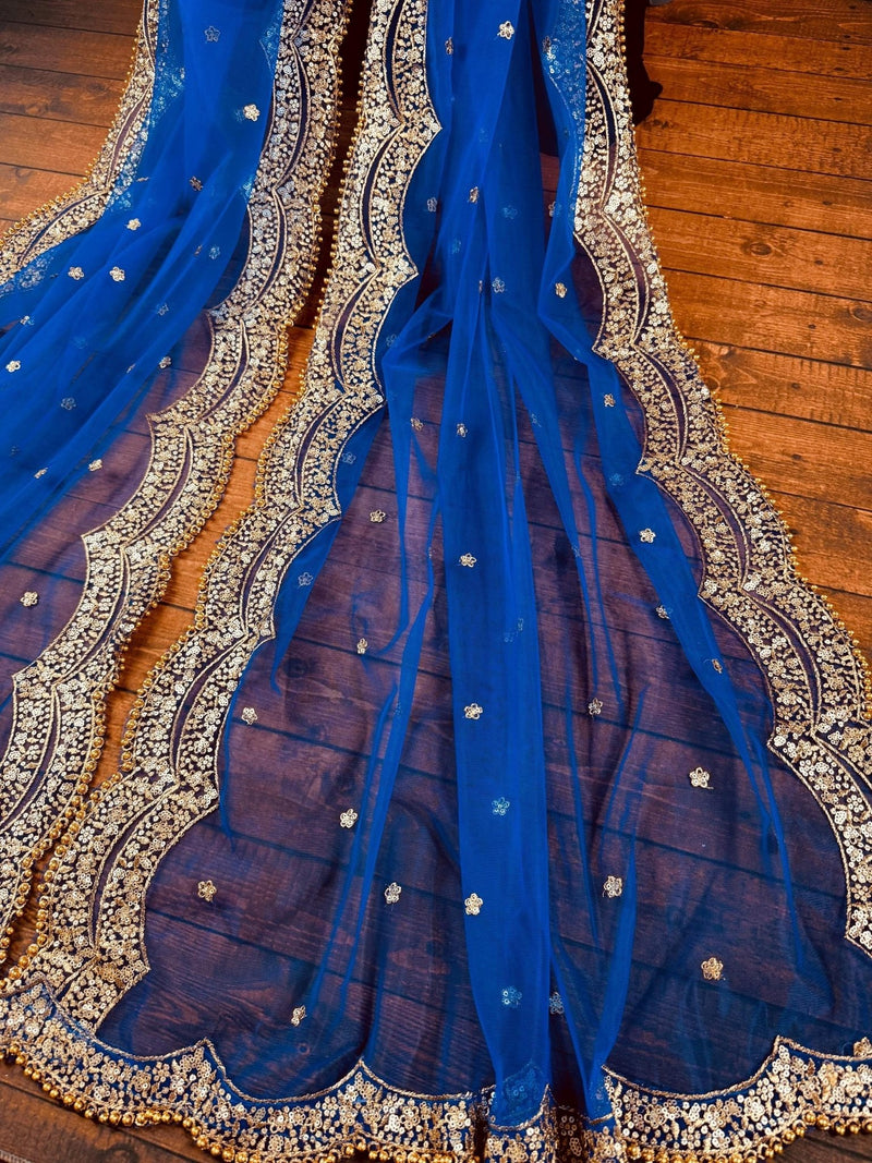 Royal Blue net dupatta with gold zari, sequin & beads — Kaash Collection