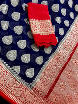 Blue with Red Pallu pure khaddi georgette banarasi silk saree with zari floral jaal with red pallu — Kaash Collection
