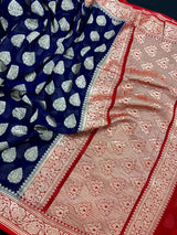 Blue with Red Pallu pure khaddi georgette banarasi silk saree with zari floral jaal with red pallu — Kaash Collection