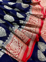 Blue with Red Pallu pure khaddi georgette banarasi silk saree with zari floral jaal with red pallu — Kaash Collection
